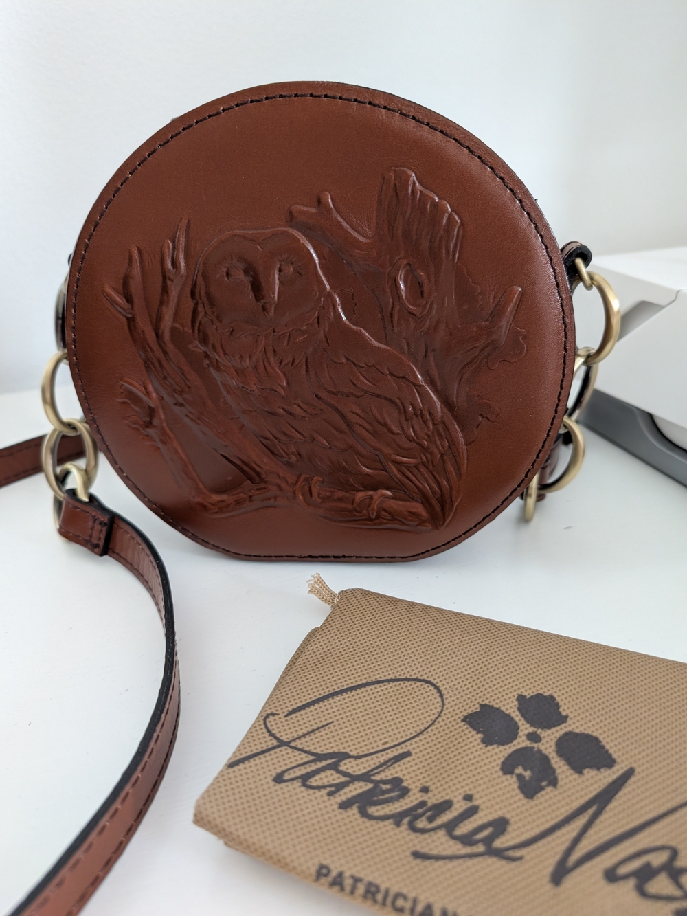 Patricia Nash Brown Embossed Owl Round Crossbody Bag - Picture 7 of 9